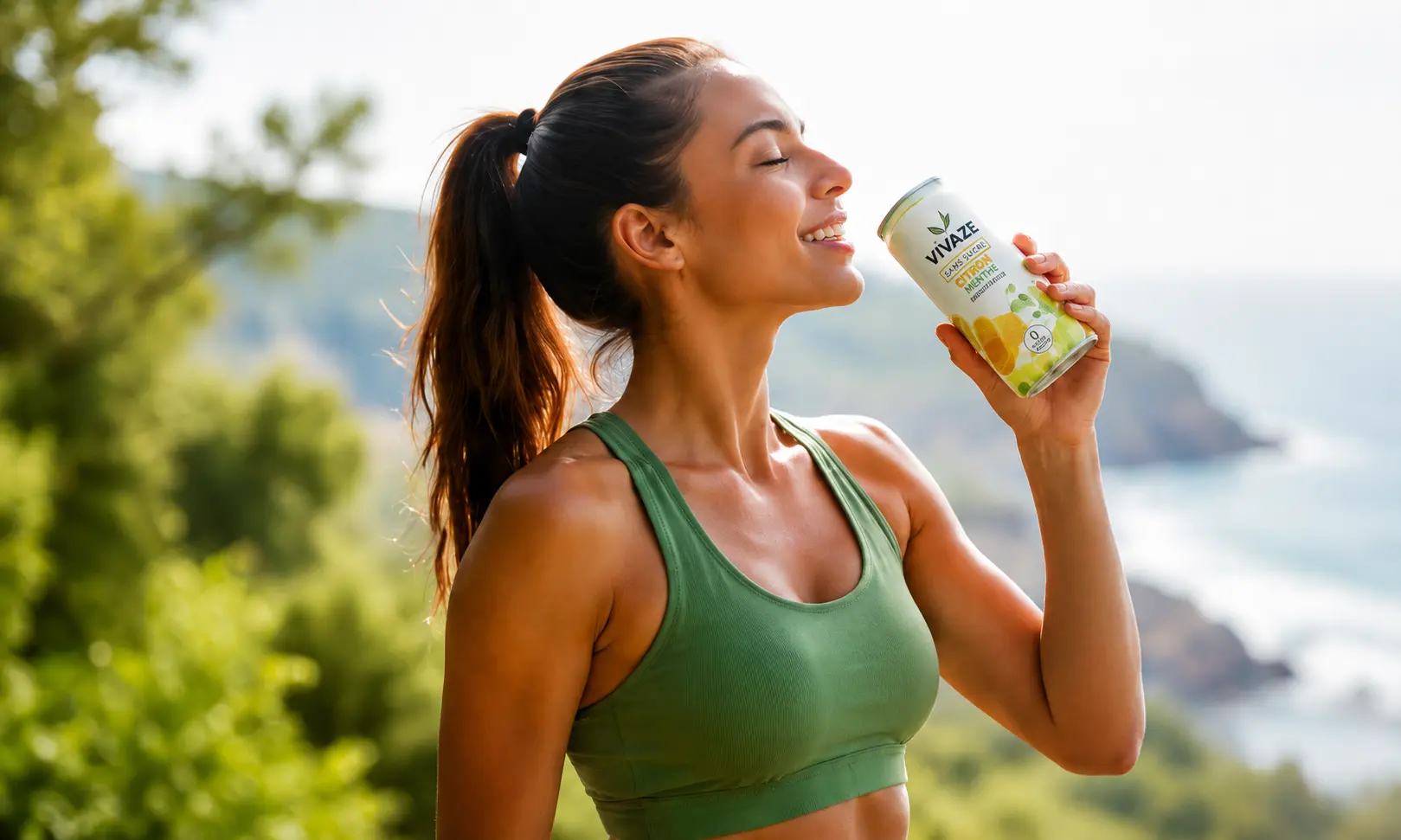 Femme sportive savourant une boisson Vivaze face à la mer
