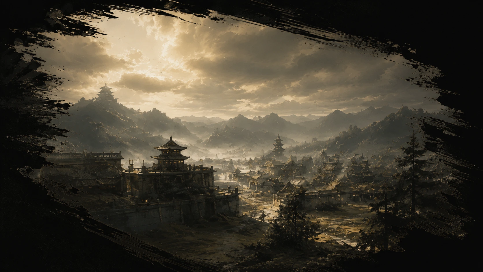 Vallée d'un Japon féodal au crépuscule, temple et montagnes dans la brume
